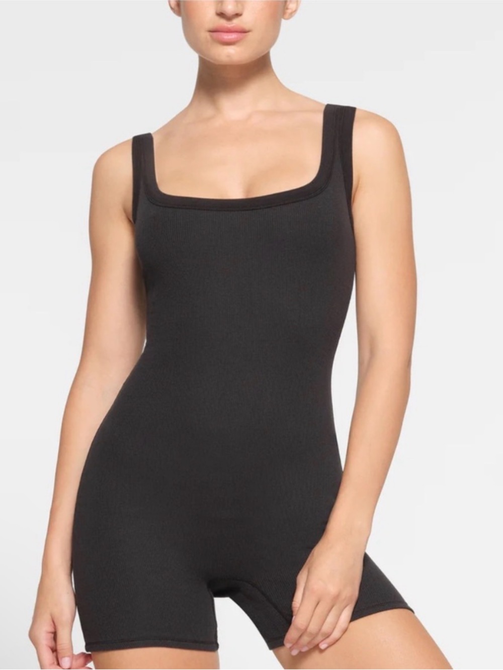 SKIMS cotton Ribbed Square-Neck onesie in Soot